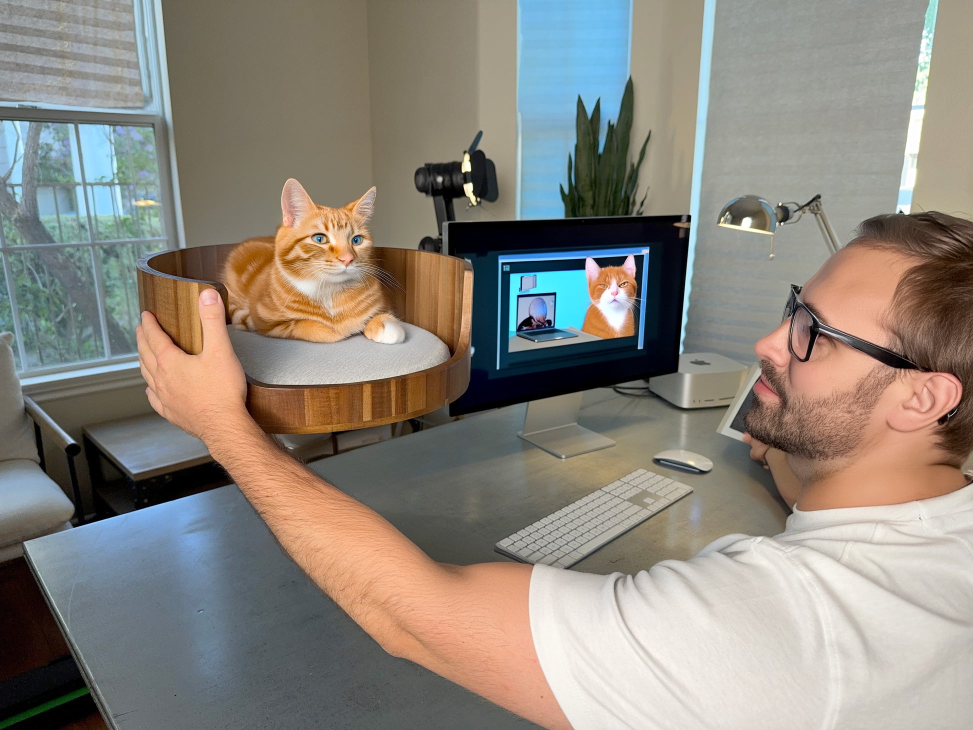 man and desk nest cat bed